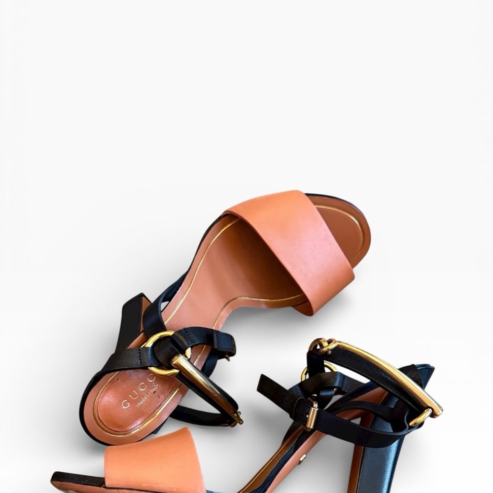 Gucci Horsebit Accent Leather Block Heel Sandals - Black & Cognac EU 38.5 US 8.5 - Picture 9 of 15